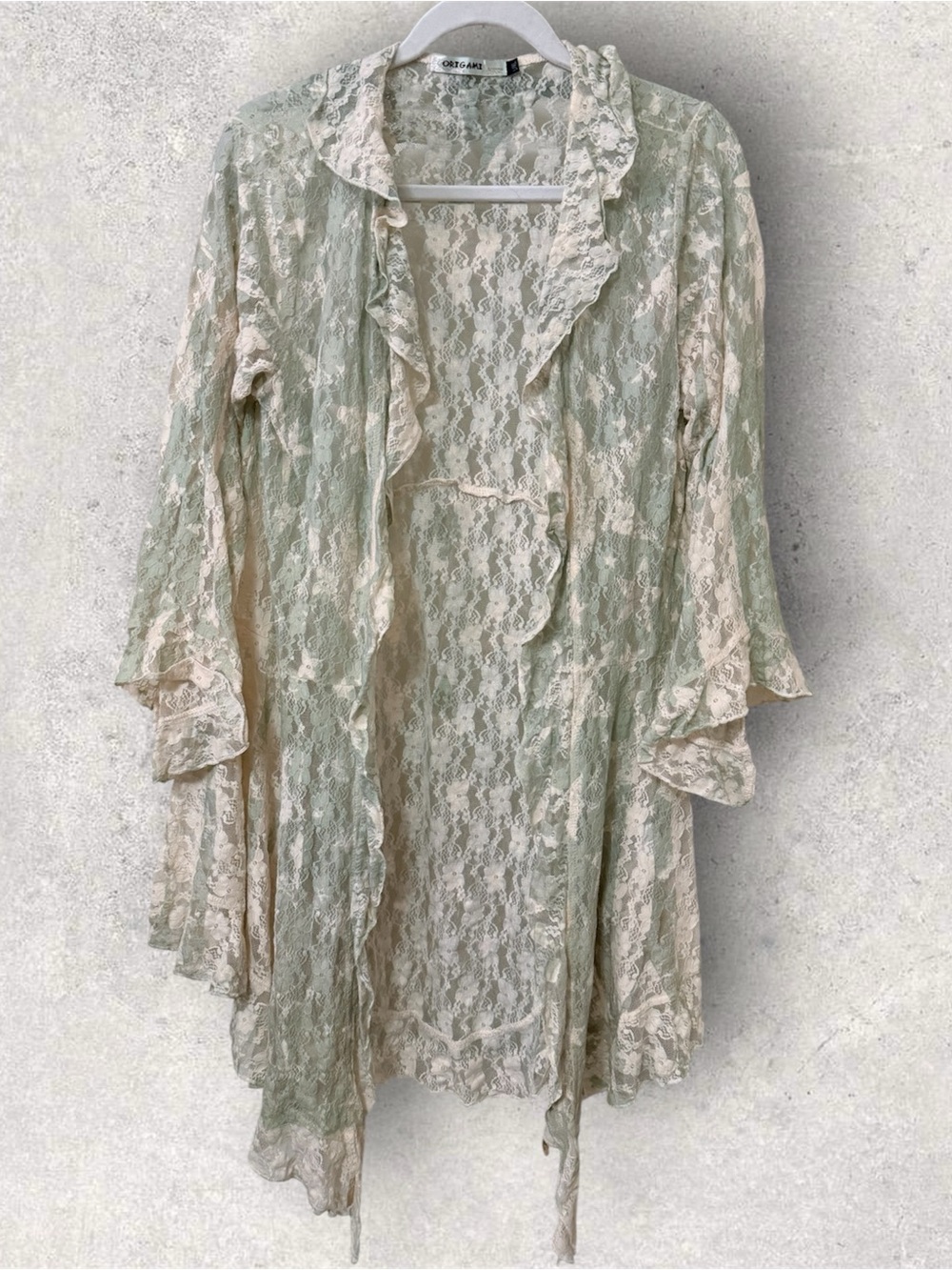 Origami by Vivien Cream Green Subtle Star Print All Lace Sweater Cardigan L/XL